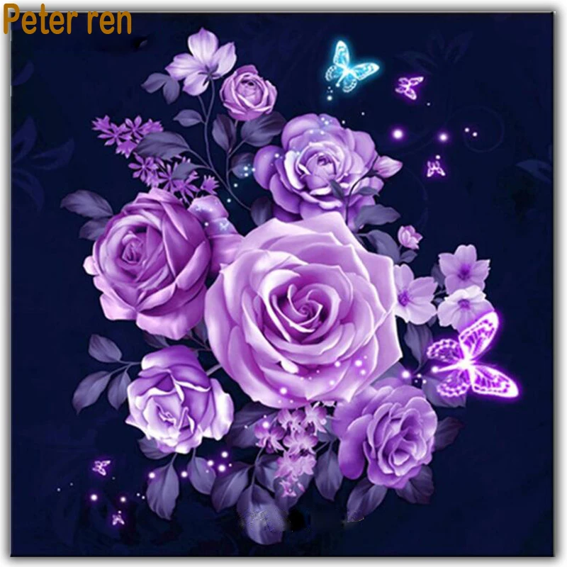 

Peter ren Diy Diamond painting cross stitch flower Full round\square diamond mosaic embroidery home decor"Purple Rose Butterfl"