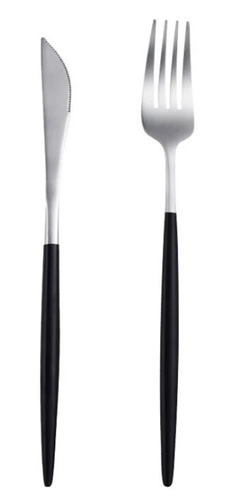 silver 2pcs set Португалия с острым концом Набор столовых приборов черная ручка набор столовых приборов Золото Серебро Цвет Западная посуда вилка, нож, ложка палочки для еды - Цвет: silver 2pcs set