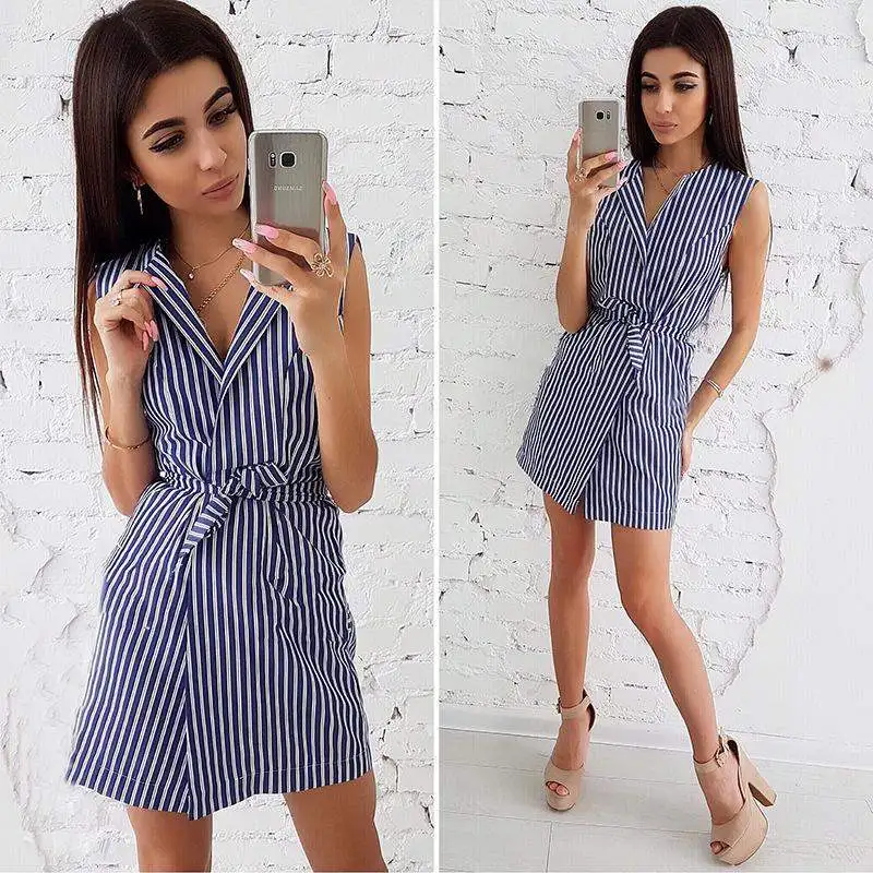 Женское Повседневное платье рубашка в полоску голубое черное белое футболка без