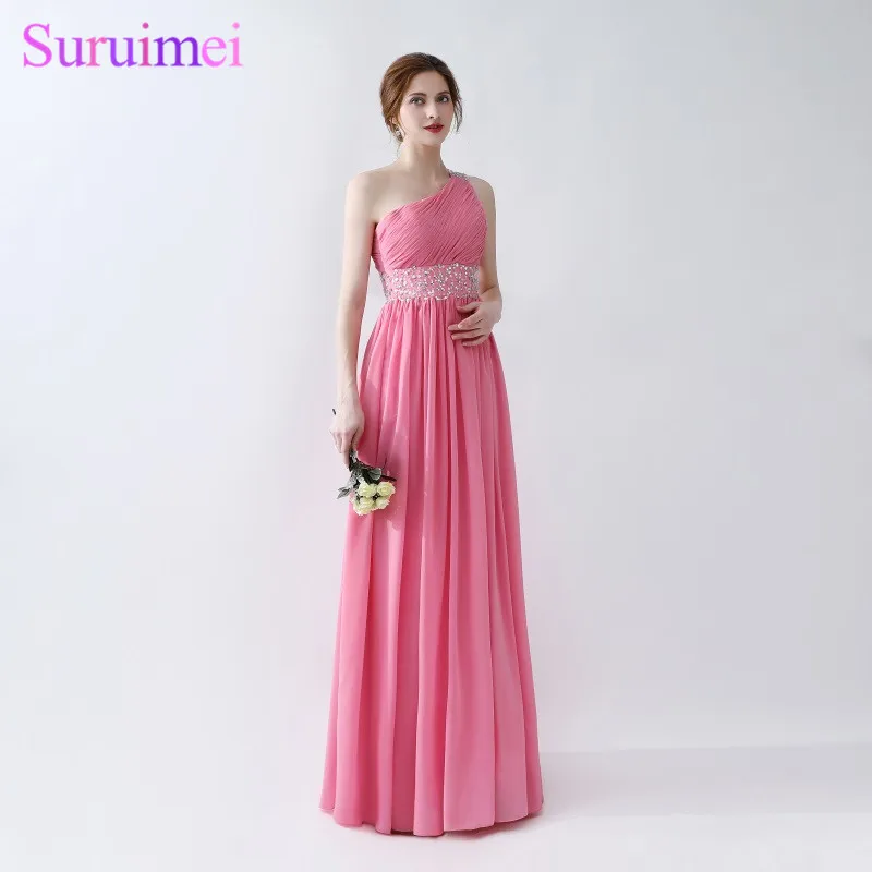 

Coral Evening Dresses One Shoulder Floor Length Long Chiffon Beaded Evening Gown Free Shipping Cheap On Sale