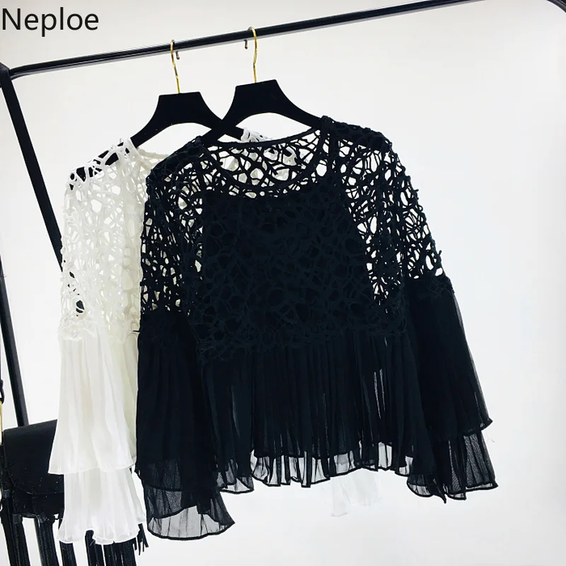Neploe летние Модная женская блузка кружева Flare рукавом Блузка с прорезями 2019