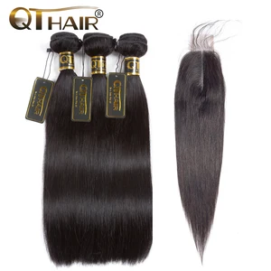 Прямые пучки волос с закрытием бразильские пучки волос плетение с 2*6 закрытием человеческие пучки волос с закрытием Remy QT волосы