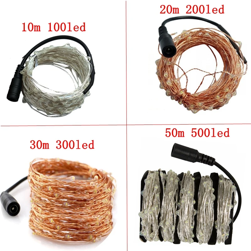 

DC12V 10 м/20 м/30 м/50 м Светодиодная Серебристая/медная проволочная гирлянда, светодиодная гирлянда с адаптером питания для рождественского свад...