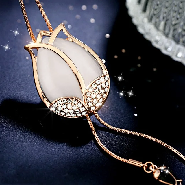 Элегантный Опал цветок кисточкой длинное ожерелье для женщин Bijoux белый и розовый новые модные украшения милый подарок - Окраска металла: gold white opal