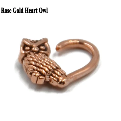 Rose Gold Owl 1 шт Сердце Кошка Сова полумесяц Jaguar форма бесшовное кольцо сгибаемое Daith сердце ухо Trague серьги, Надеваемые На Ушной Хрящ Пирсинг ювелирные изделия 16 г - Окраска металла: Rose Gold Owl