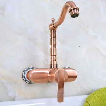 Antique Red Copper Brass Wall Mounted Bathroom Kitchen Sink Faucet Swivel Spout Mixer Tap Single Handle Lever anf939