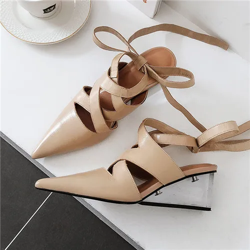beige Женские босоножки из натуральной кожи на высоком каблуке со шнуровкой летние женские модельные туфли-лодочки с ремешком на щиколотке удобные туфли на танкетке из органической кожи - Цвет: beige