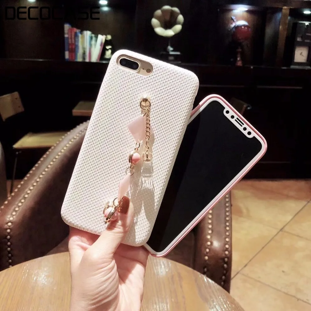 DECOCASE Pink White Fabric Phone Cases with Metallic Marble Chain Wrist Strap Covers for iPhone 6s 7 8 Plus X Max |