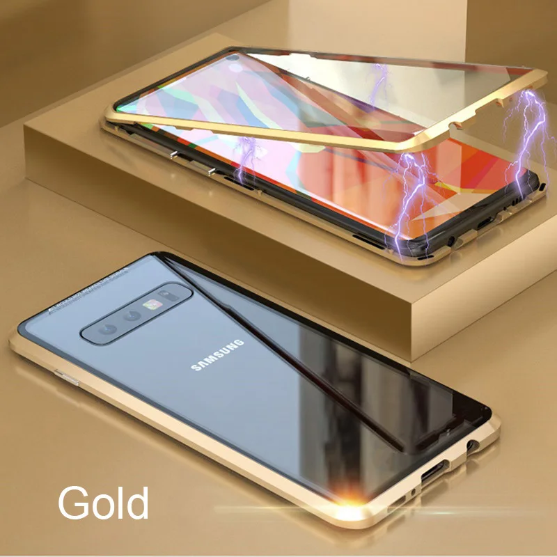 360 двухсторонняя, для стекла Магнитная Адсорбция чехол для samsung Galaxy S10 S9 S8 Plus+ Note 9 8 металлический магнит закаленное стекло Capinha - Цвет: Gold