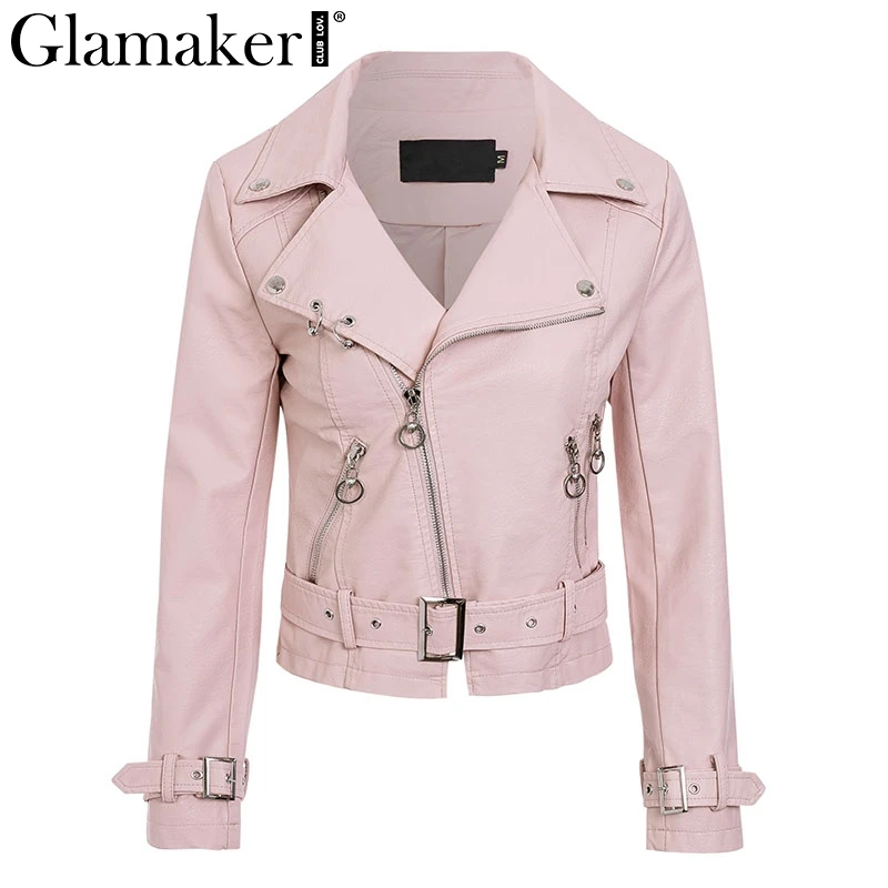 Glamaker из искусственной кожи молнии простая куртка-пальто Для женщин Длинные рукава из натуральной кожаное пальто женское розовые летние modis верхняя одежда Уличная