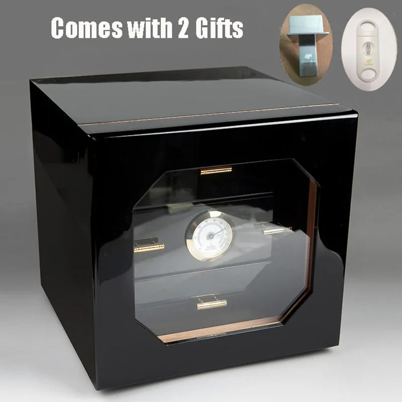 Черная Глянцевая Отделка Деревянные COHIBA хьюмидор Кабинета хранения сигар