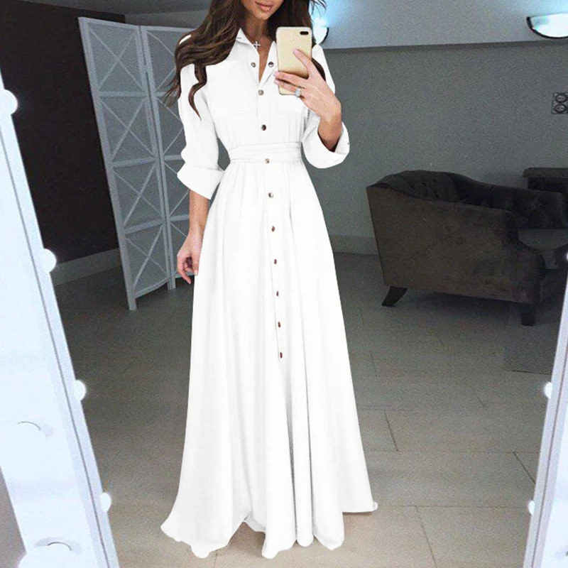 2019 осеннее женское длинное платье элегантное однотонное с длинным рукавом Макси