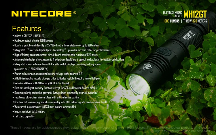 NITECORE MH12GT светодиодный фонарик CREE XP-L HI V3 1000 Люмен USB Перезаряжаемый фонарь с аккумулятором NL1834 3400 мАч 18650