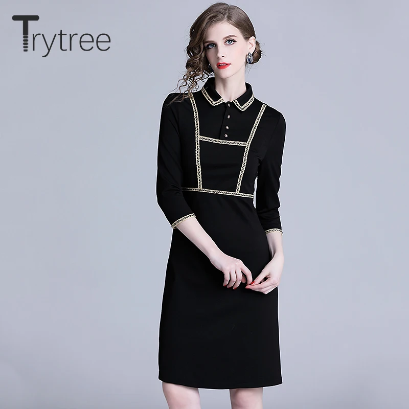 Осеннее платье Trytree элегантное лоскутное из полиэстера с оборками и отложным