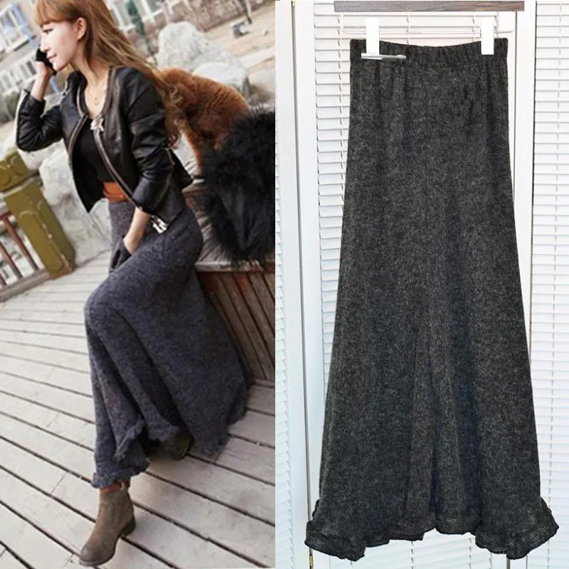 Женские шерстяные юбки с оборками серые черные красные зеленые трапециевидные