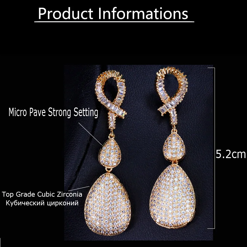 ThreeGraces Luxury African Yellow Gold Micro Pave Cubic Zirconia Sparkling Water Drop Long Earring Jewelry For Wedding ER092 | Украшения и