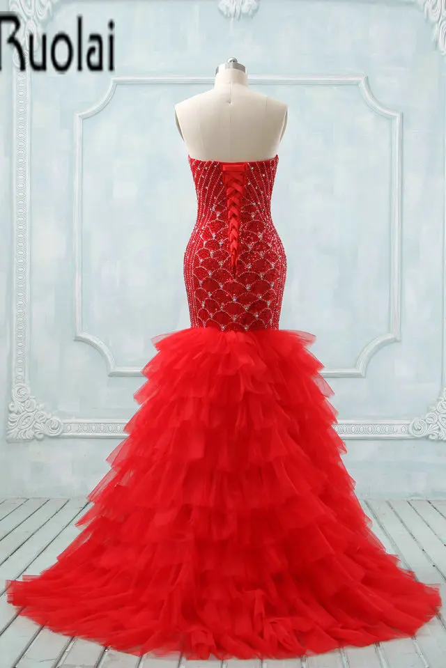 2017 New Arrival Red Sleeveless Sweetheart Heavy Beaded Sequined Sexy Open Back Mermaid Evening Dresses Lace Up Back Customize