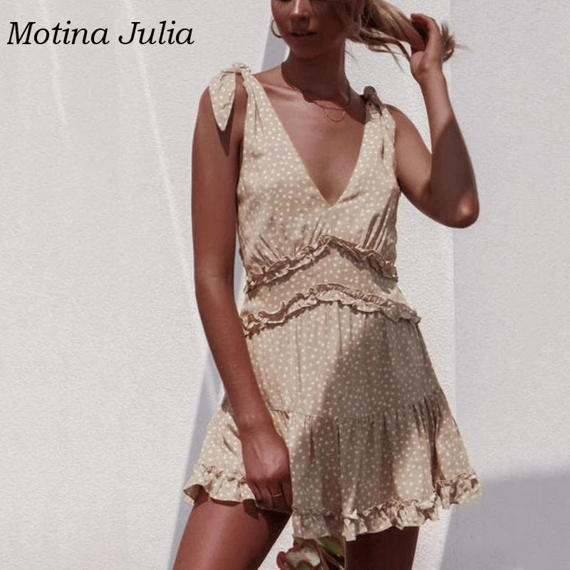 Motina Julia 2019 летнее платье в горошек с принтом женское глубоким v образным вырезом