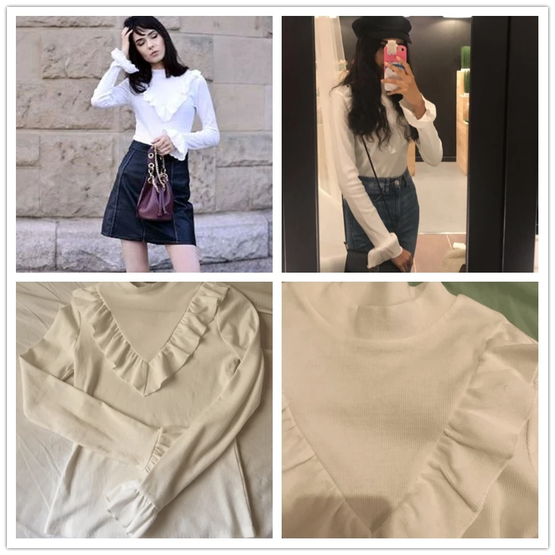 Dotfashion белая ребристая трикотажная футболка с оборкой, осенняя женская элегантная стоячий вырез с оборками, топы с рукавами, Весенняя простая Приталенная футболка