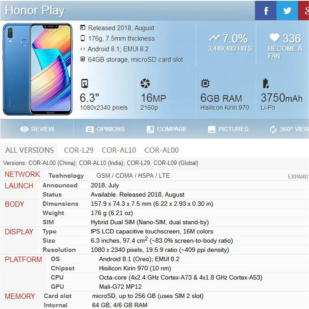 huawei Honor Play 6,3 дюймовый ЖК-дисплей COR-L29-AL00 кодирующий преобразователь сенсорного экрана в сборе олеофобное покрытие 10 сенсорная рамка