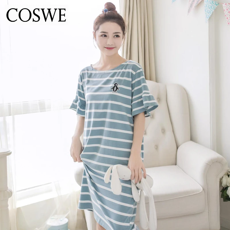 COSWE новый короткий рукав ночное белье для Для женщин трусы летние полосатые