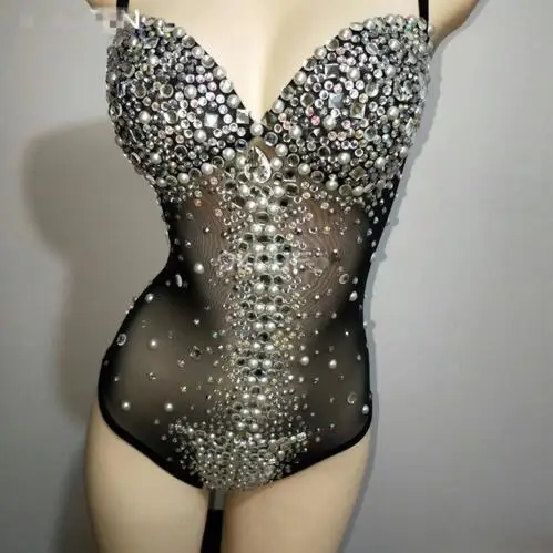 Fashion Sexy Rhinestone Leotard Black Nightclub Dance Wear Bodysuit Outerwear Prom Celebrate Outfit Performance Outfit