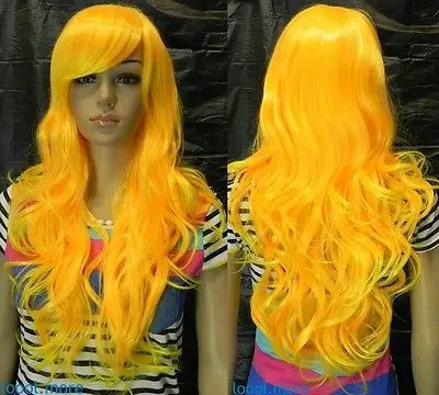 TJS &ampWholesale&amp&gt&gt Bright Yellow Long Wavy Cosplay Wig |