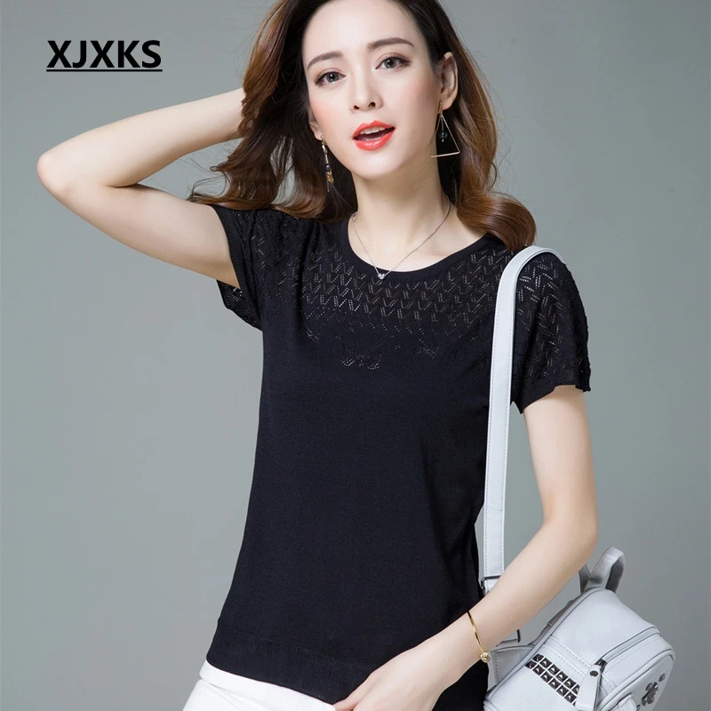 Женская футболка с коротким рукавом XJXKS однотонная трикотажная 3 цветов Новинка