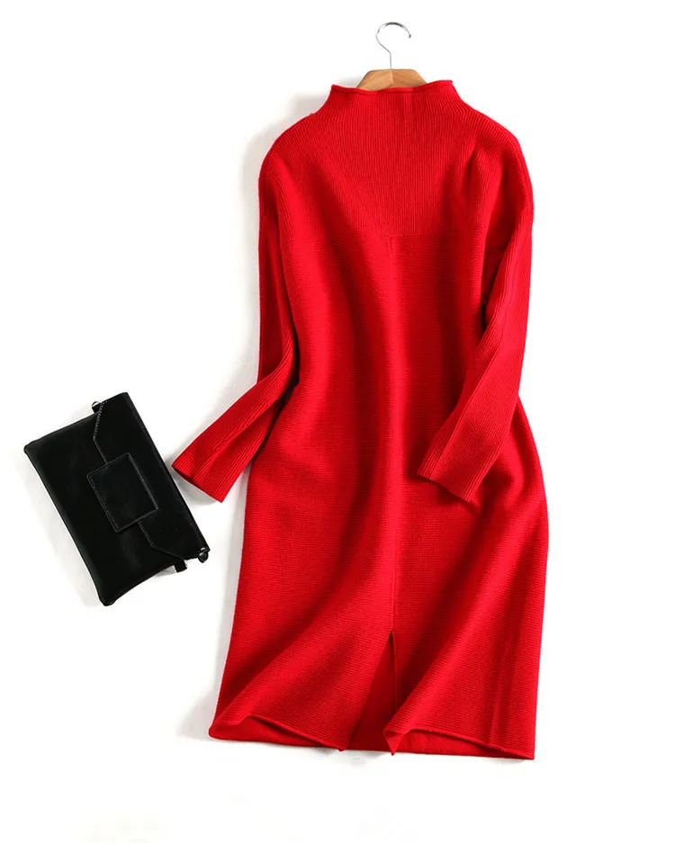 women's fashion wool knit mid-long pullover sweater dress half-high collar wide waist H-style drop-shoulder sleeve S-2XL | Женская