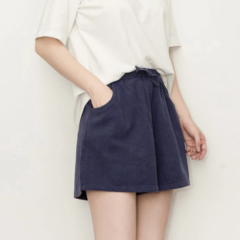 

2019 New Fashion Women Shorts Summer High Waist Cotton and Linen Loose Shorts women's Navy blue Casual Large size Elastic Shorts