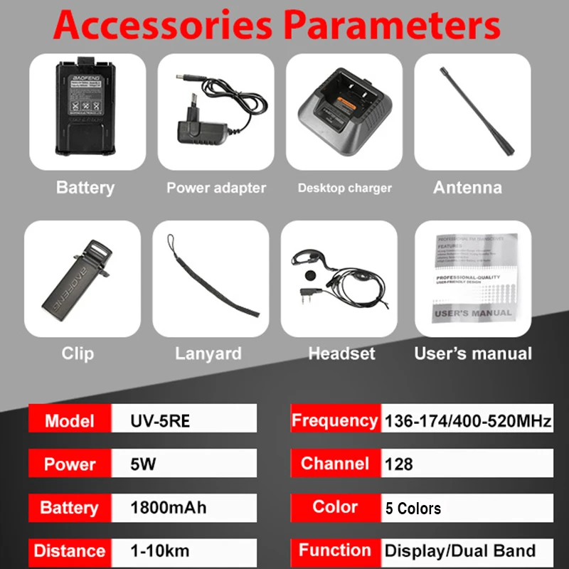 Baofeng UV-5RE Walkie Talkie Super Signal Dual Band Handheld Two Way Ham Radio Communicator UV-5R Plus CB HF Transceiver Amateur