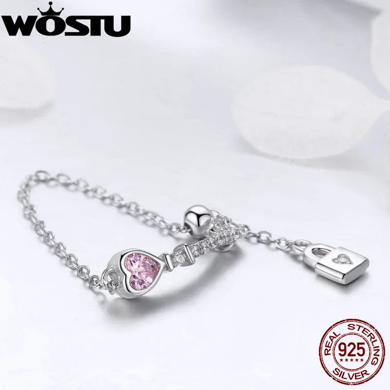 WOSTU/хит продаж 925 пробы серебряные кольца с цепочкой в форме сердца для женщин и