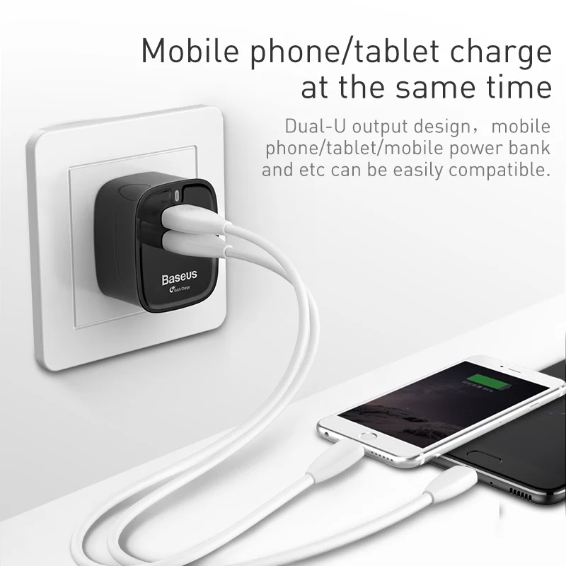 Baseus двойной USB QC3.0quick зарядное устройство для iPhone samsung UK Universale мобильный телефон путешествия настенное зарядное устройство разъем 3A USB быстрое зарядное устройство