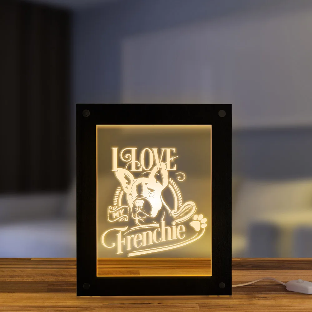 Французский бульдог светодиодный светильник фоторамка I Love My Frenchie деревянный