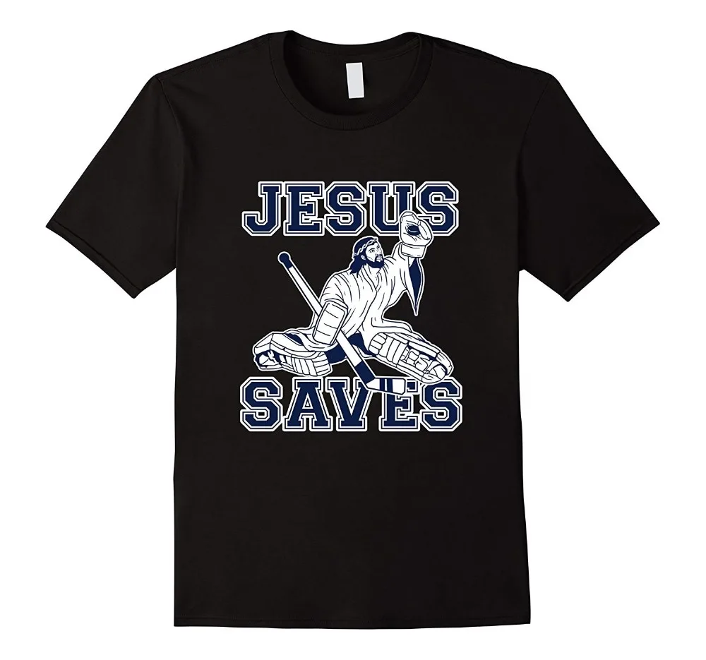 

New Men Summer Casual Cartoon Print T Shirt Free Shipping Funny Hockey Shirt - Jesus Saves Shirt - Goalie T-Shirt