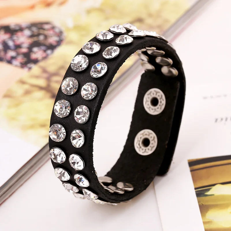 

new Hot fashion jewelry women bracelets genuine leather Rhinestones Black Bracelet man Vintage creative Boutique bracelet femme