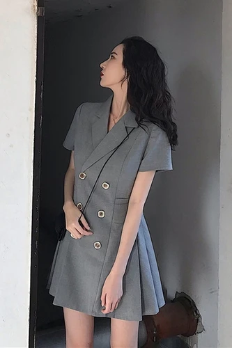 

Plus Size Double Breasted Gray Blazer Dress Women 2019 Summer Korean Mini Pleated Dresses Woman Office Elegant 5XL Clothes