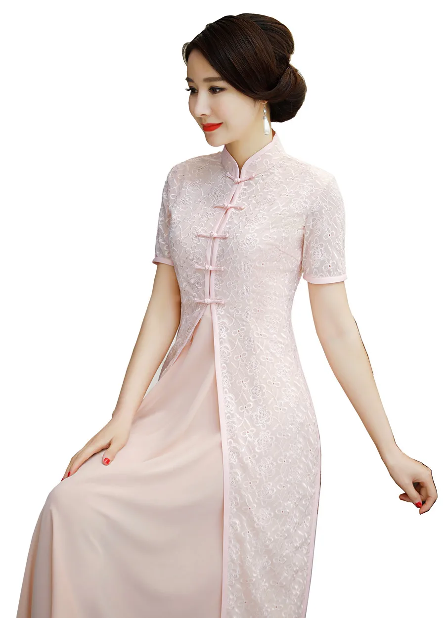 Шанхай история комплект из 2 предметов Qipao длинное китайское платье шифон Восточный стиль платье Ципао с коротким рукавом для женщин - Цвет: Розовый