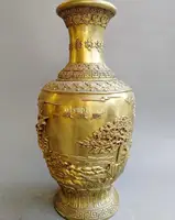 19'' brass copper carved landscape tree birds crane sailboat boat design vase