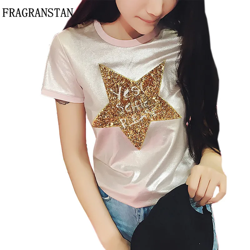 Женская футболка с коротким рукавом расшитая блестками круглым вырезом