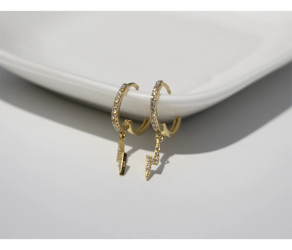 1 pair gold 9mm Серьги из стерлингового серебра 925 пробы, модные циркониевые серьги с молниями, Короткая подвеска, кольцо для ушей, милые трендовые женские ювелирные изделия для ушей - Окраска металла: 1 pair gold 9mm