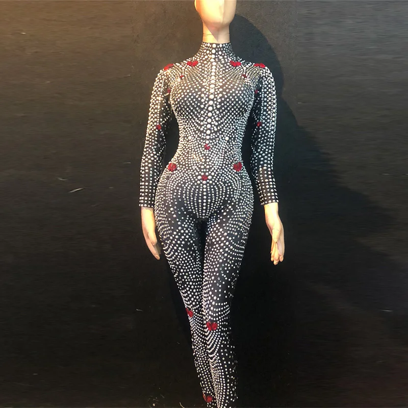 2019 Black Rhinestones Pearls Jumpsuit Women's Party Stretch Bodysuit Leggings Nightclub Female Singer Show Costume Outfit DJ417 |