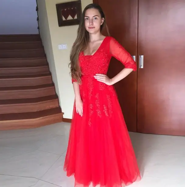 Красный Халат demoiselle d'honneur линии кружево кристалл Половина рукава Lina зеленый красный, белый темно голубое платье подружки невесты Длинные свадебные гость - Цвет: Красный