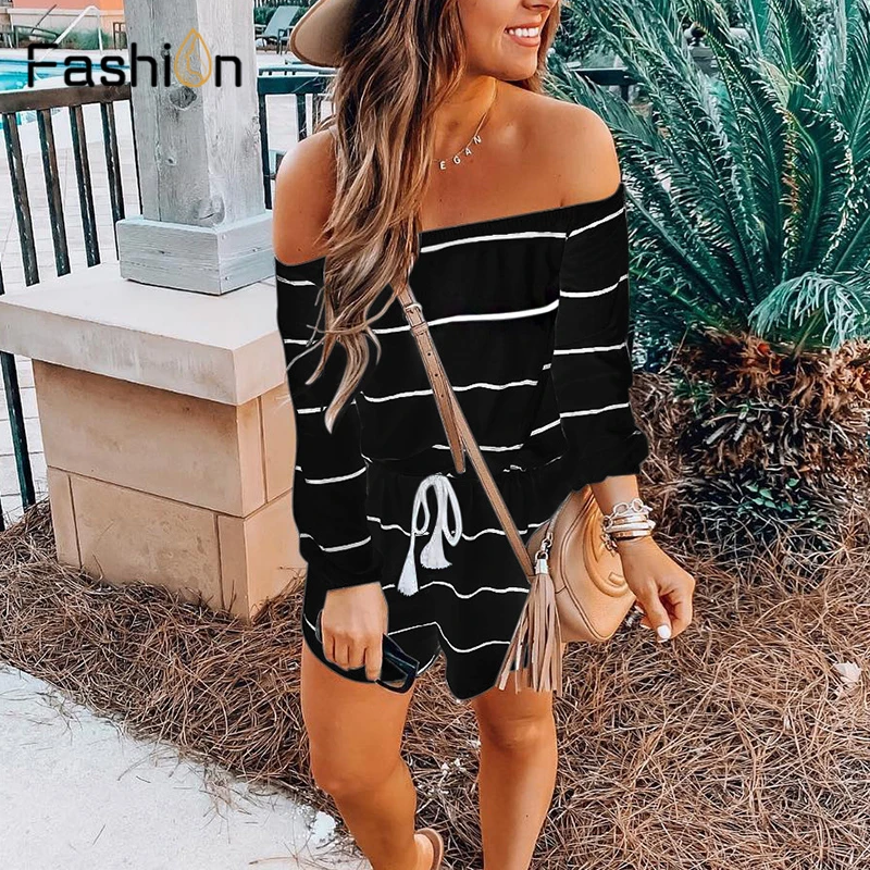 Wide Leg Belted Striped Romper Women Long Sleeve Rompers for Women Off Shoulder Playsuit Summer Jumpsuit Preppy Casual Bodysuit