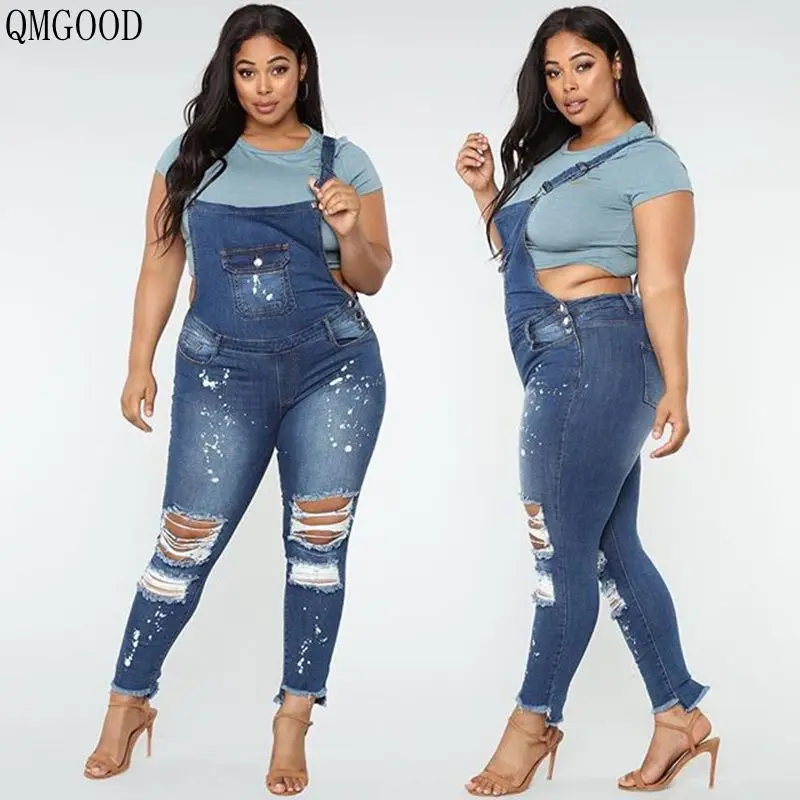 QMGOOD 2018 Women Overalls Plus Size Cool Denim Jumpsuit Straps Ripped Jeans Trousers Skinny Stretch High Waist Female XL |