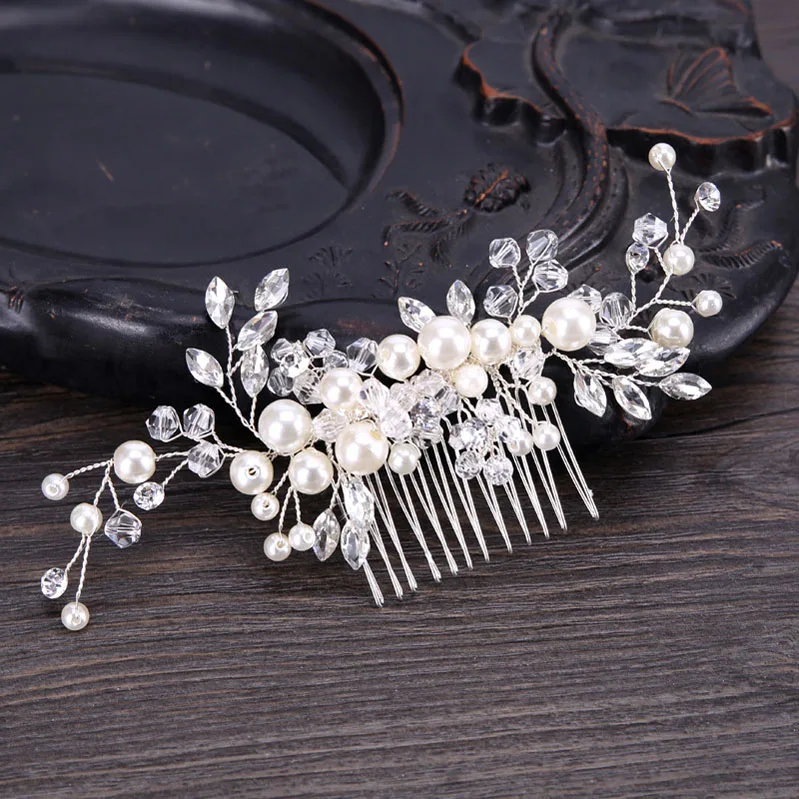 Style B SLBRIDAL серебряные прозрачные стразы жемчуг свадебные волосы расческа свадебные головные уборы бисером аксессуары для волос подружки невесты женщин - Окраска металла: Style B