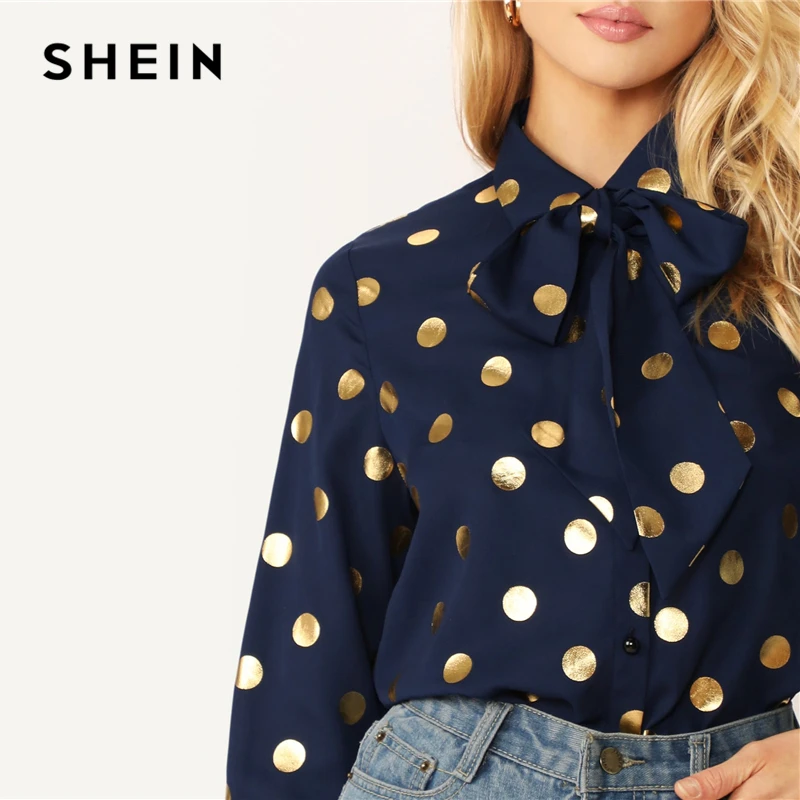 SHEIN стильный темно-синий однобортный Топ в горошек с завязками на шее, блуза с длинным рукавом для женщин, весна-осень, элегантные офисные женские блузки