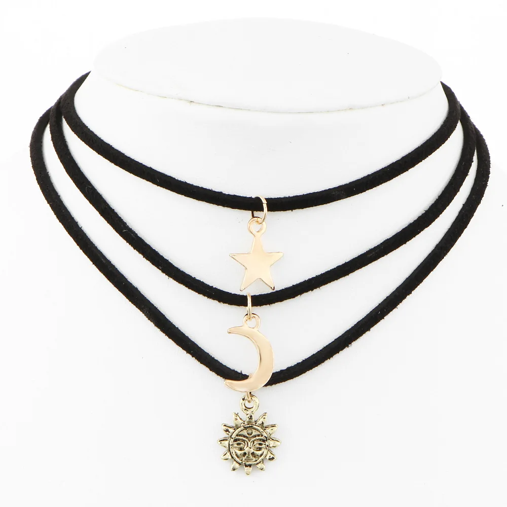 Солнцезащитное ожерелье с Луной и звездой женское черное кожаное колье короткая