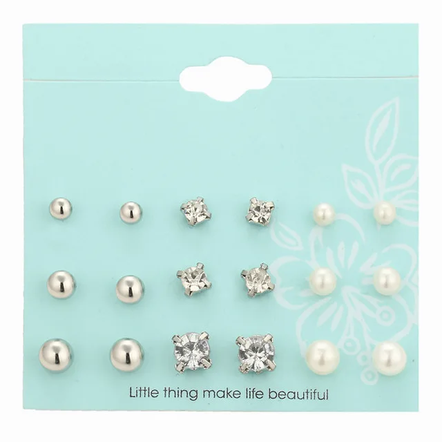 

9 Pairs lot set Brincos Mixed Stud Earrings For Women Crystal Ear Studs Fashion Simulated Pearl Jewelry Wholesale Fashion