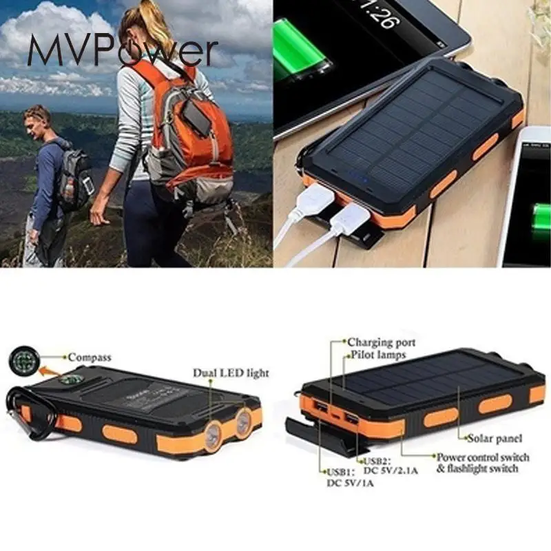 MV power водонепроницаемый светодиодный внешний аккумулятор с двумя USB солнечными
